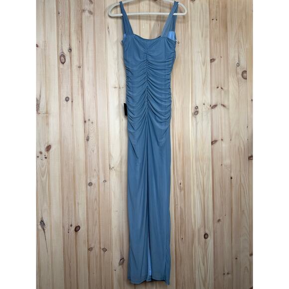 NWT Lulus Amazing Presence Slate Blue Mesh Ruched Column Maxi Dress Banquet S - Picture 6 of 10